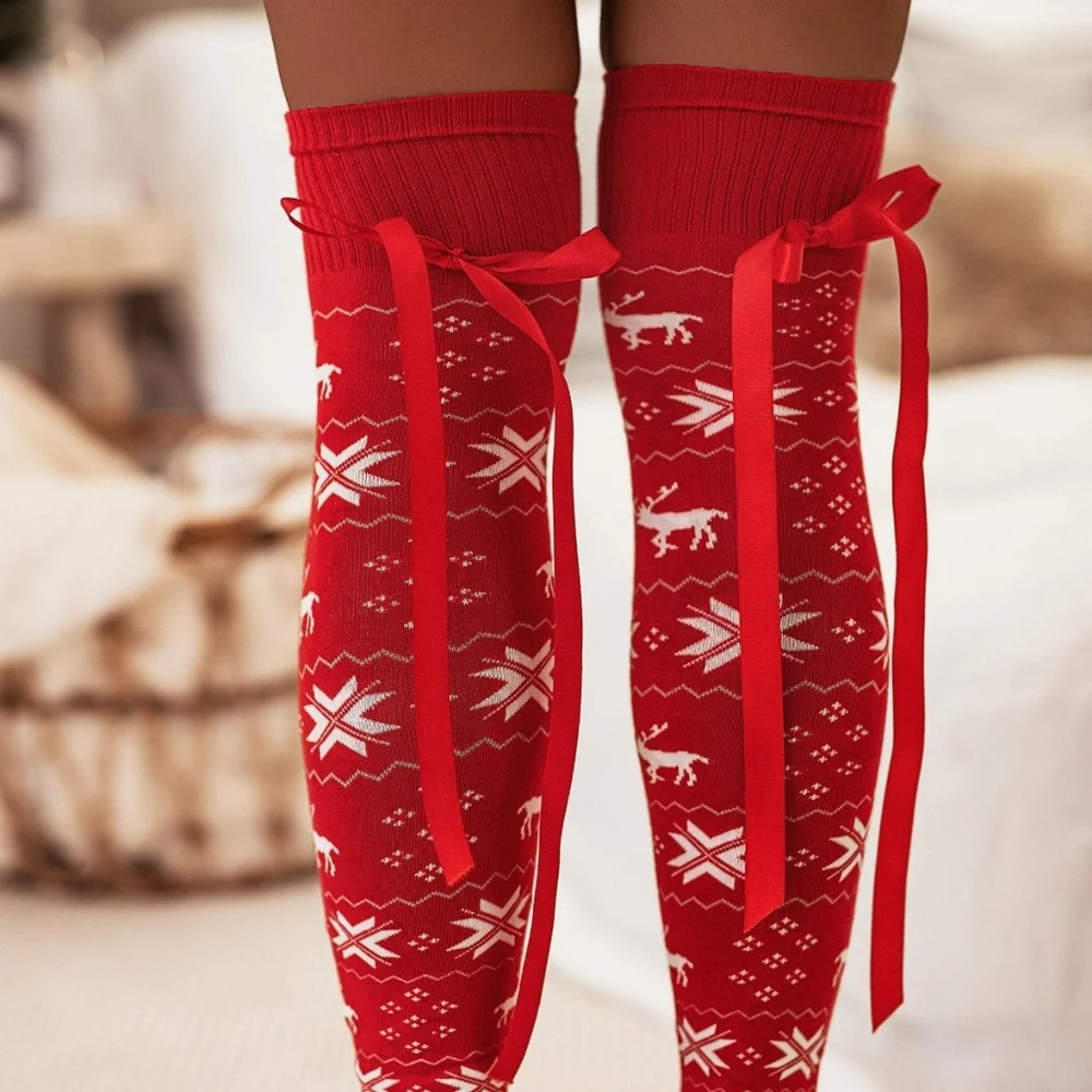 Tall Reindeer Fair Isle Over-the-knee Socks Long Ribbon Bow Stocking Holiday